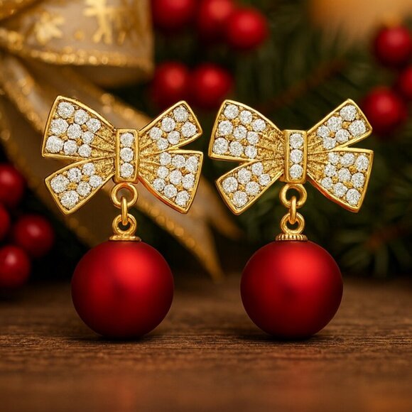 🆕️Holiday Red Ornament Bow Tie Earrings Sparkling Zircon Festive Jewelry Gift - Picture 1 of 16